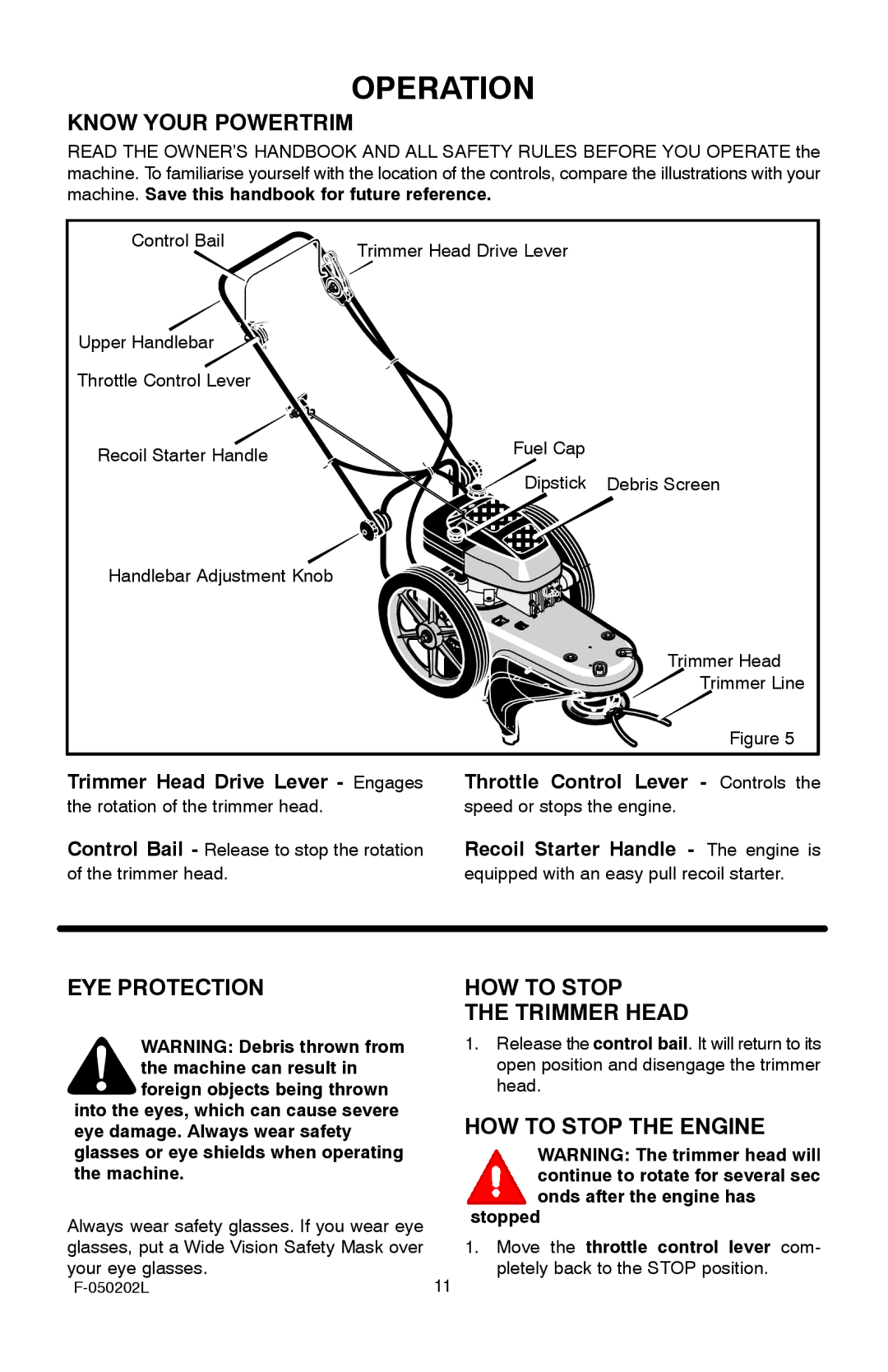 Hayter Mowers 401C001001 Operation, Know Your Powertrim, EYE Protection, HOW to Stop Trimmer Head, HOW to Stop the Engine 