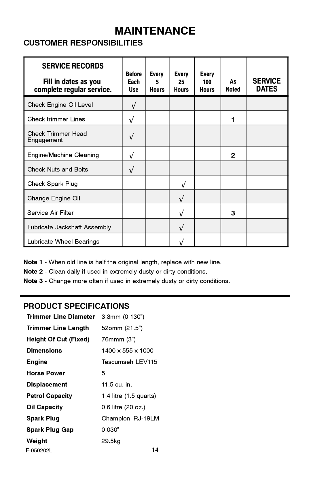 Hayter Mowers 401C001001 manual Maintenance, Customer Responsibilities, Product Specifications 