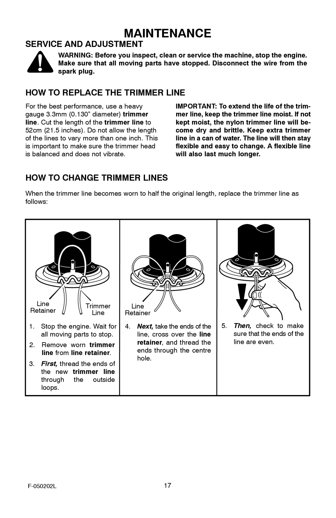 Hayter Mowers 401C001001 manual Service and Adjustment HOW to Replace the Trimmer Line, HOW to Change Trimmer Lines 