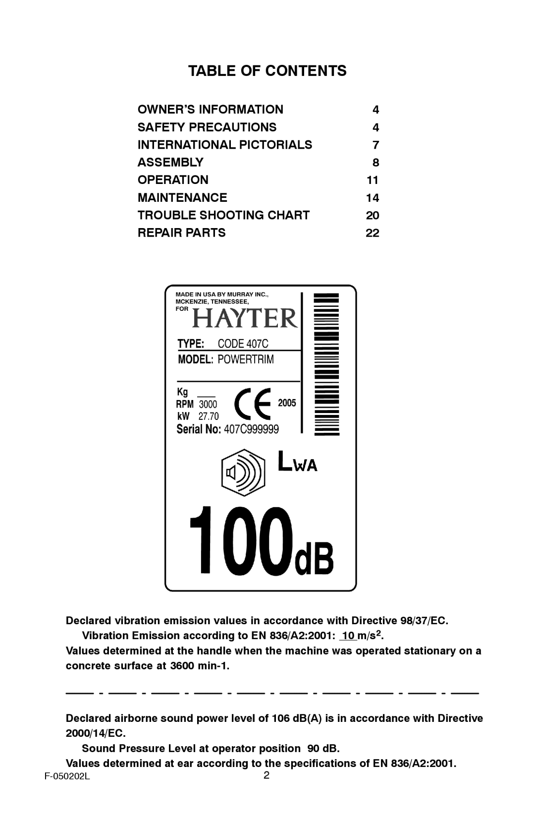 Hayter Mowers 401C001001 manual Table of Contents 