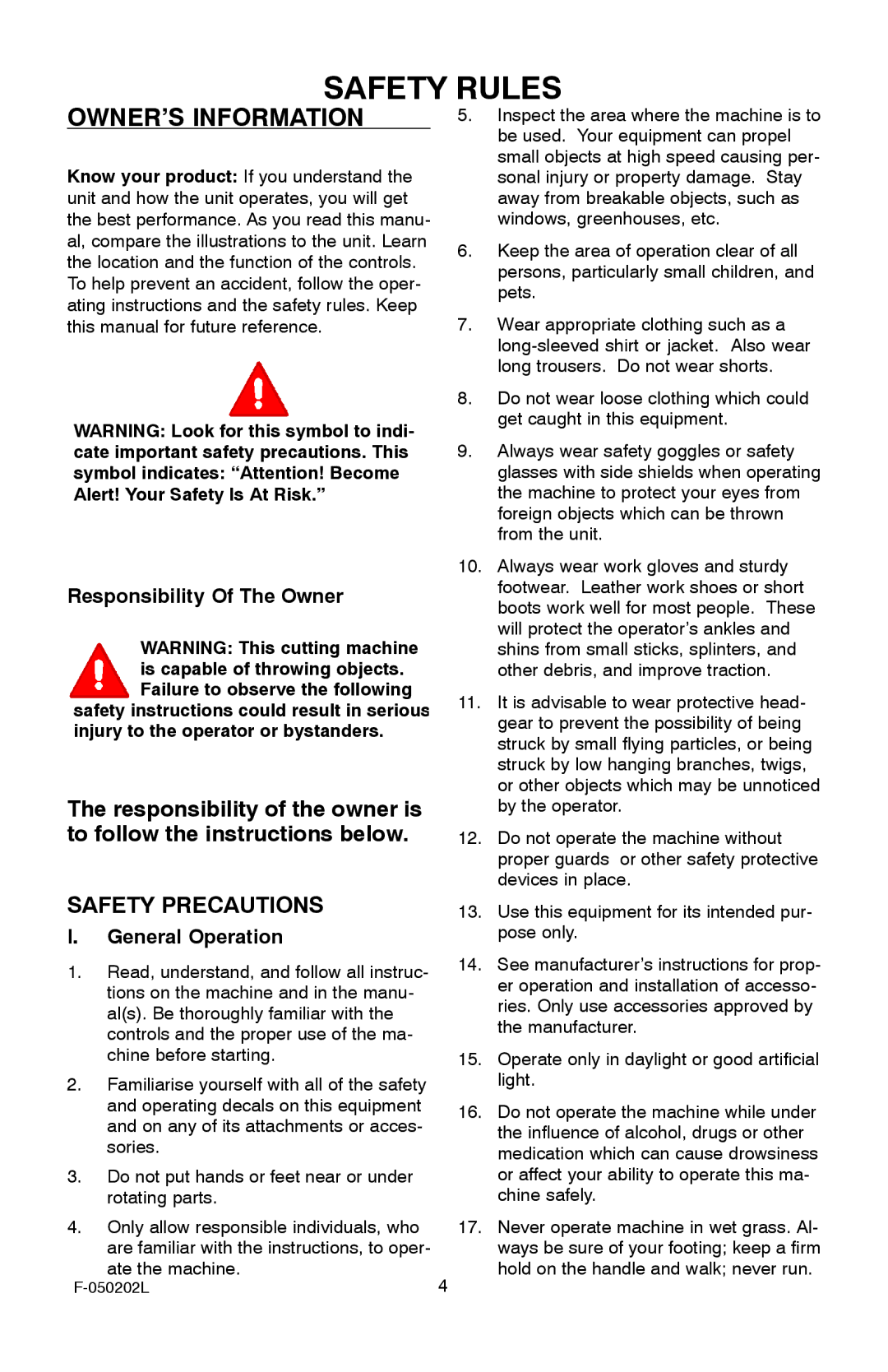 Hayter Mowers 401C001001 manual Safety Rules, Safety Precautions, Responsibility Of The Owner, General Operation 