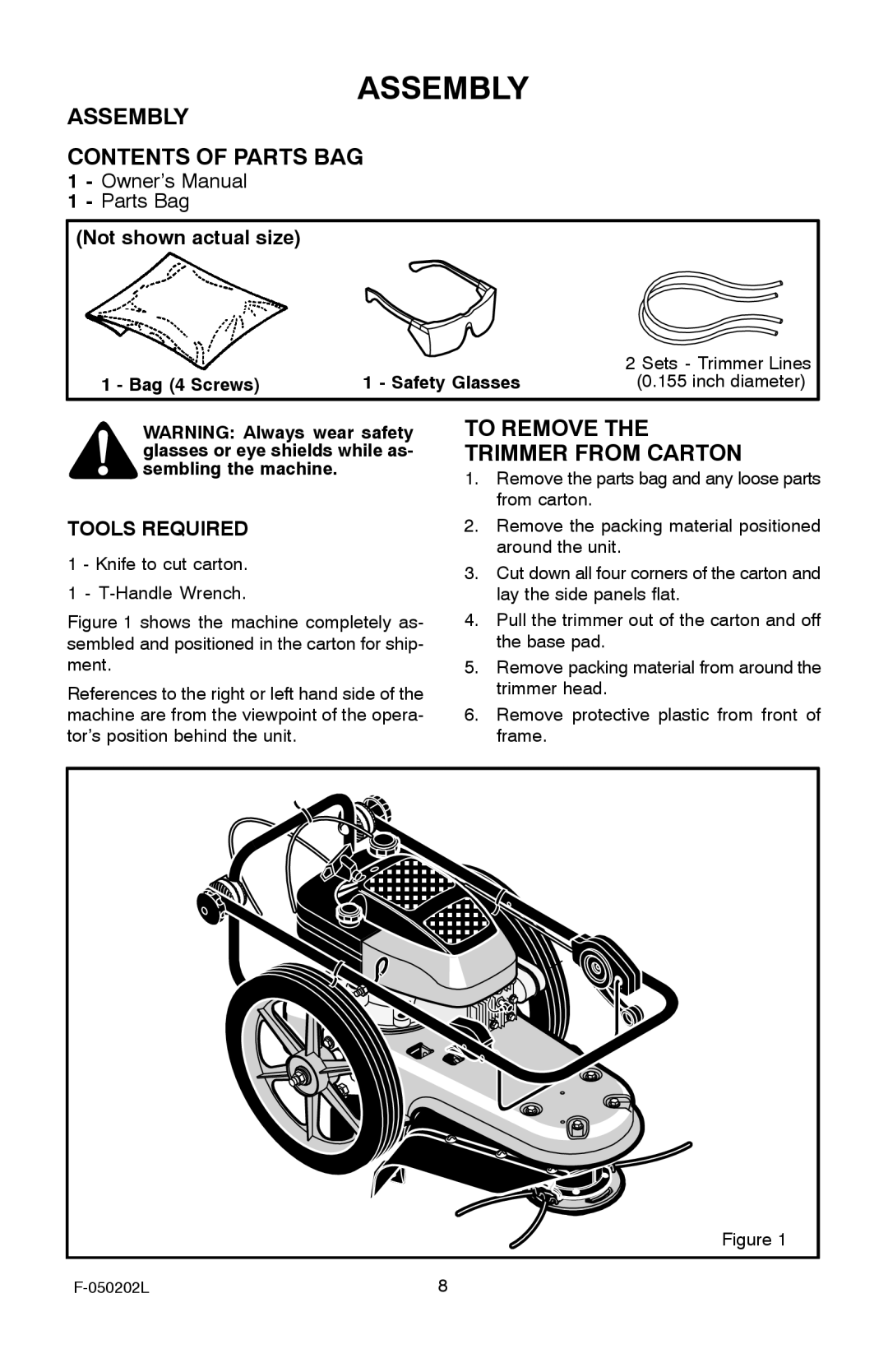 Hayter Mowers 401C001001 manual Assembly Contents of Parts BAG, To Remove the Trimmer from Carton 