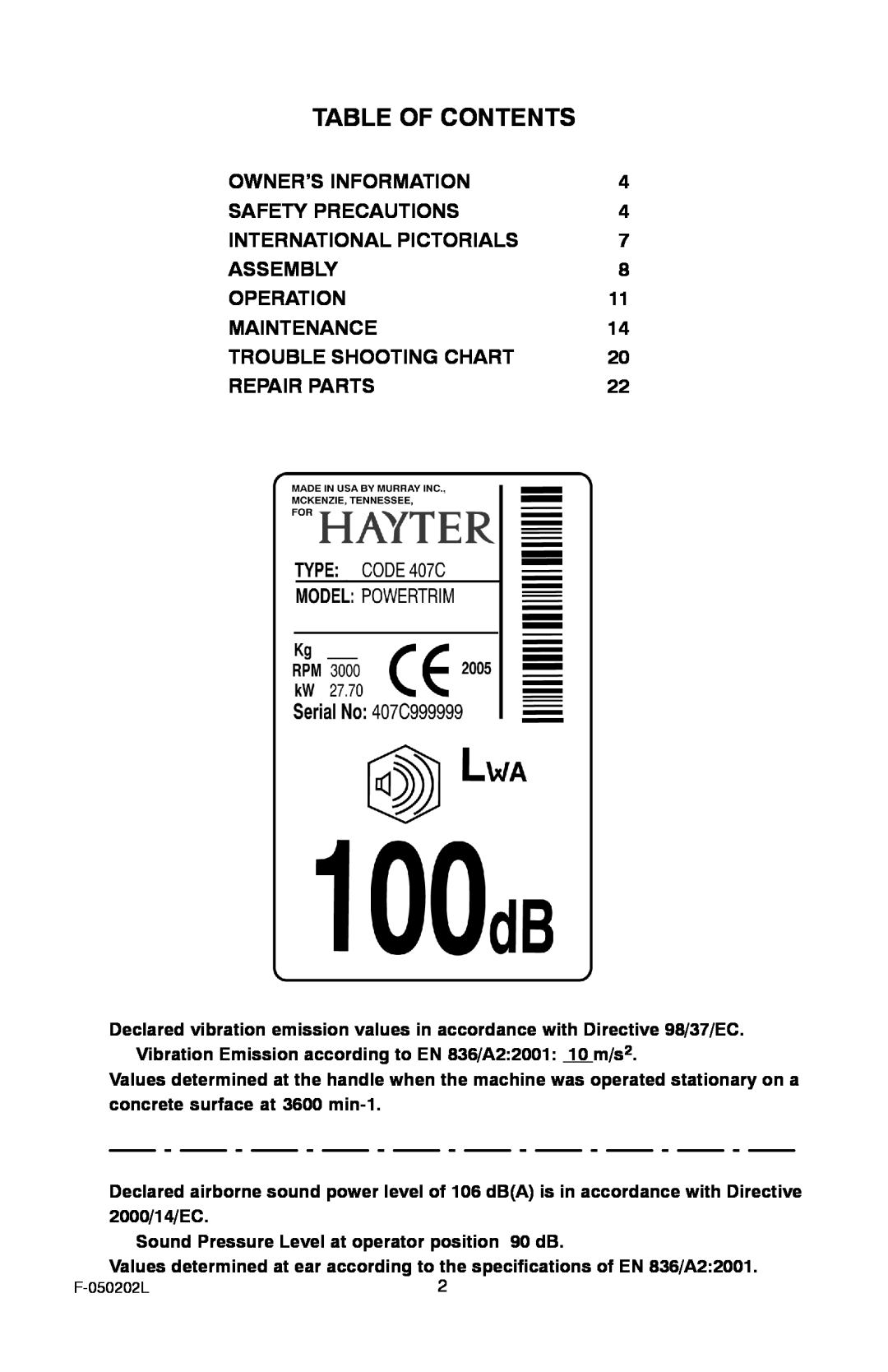Hayter Mowers 401C001001 Table Of Contents, Owner’S Information, Safety Precautions, International Pictorials, Assembly 