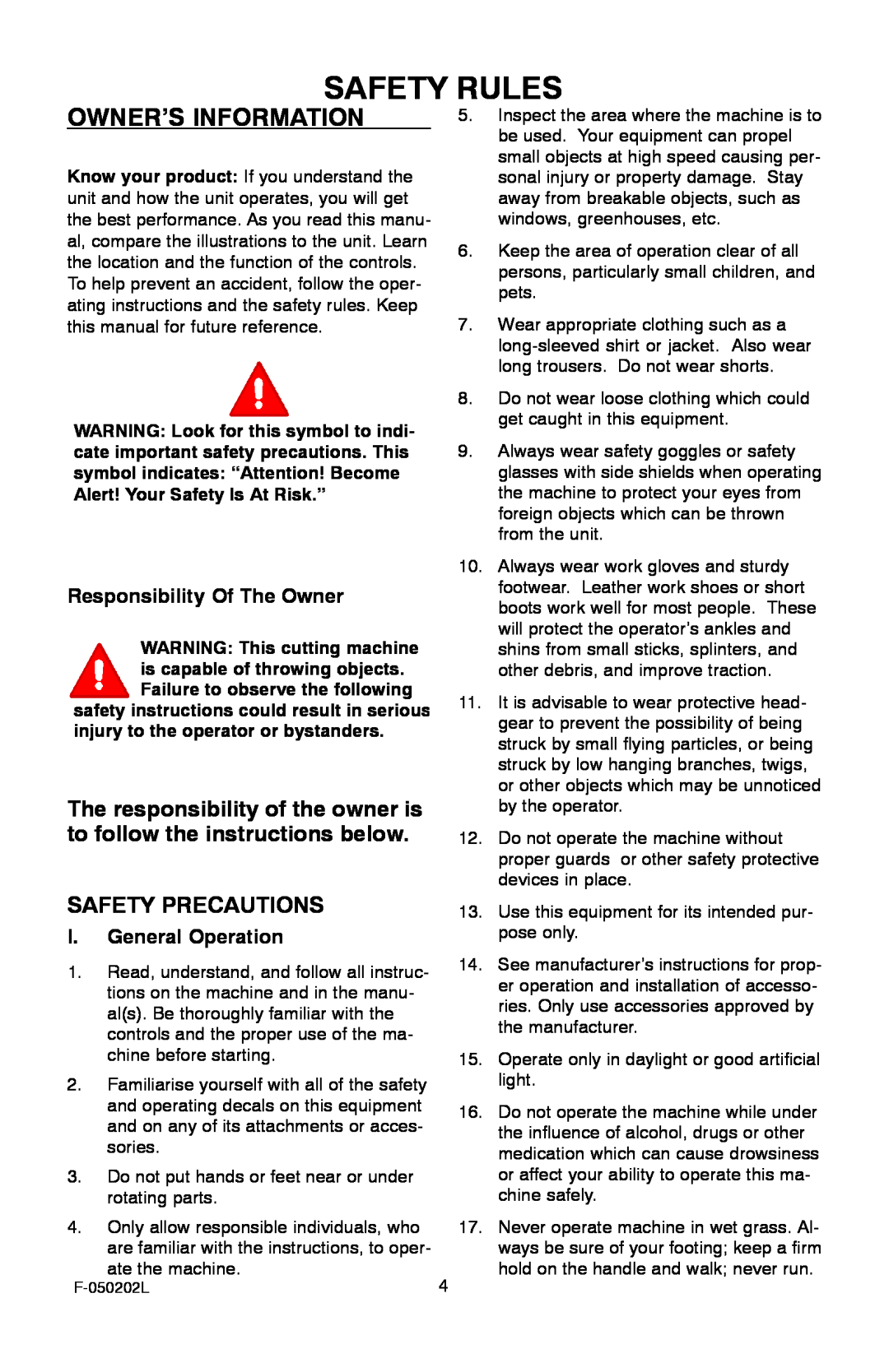 Hayter Mowers 401C001001 manual Safety Rules, Owner’S Information, Safety Precautions, Responsibility Of The Owner 