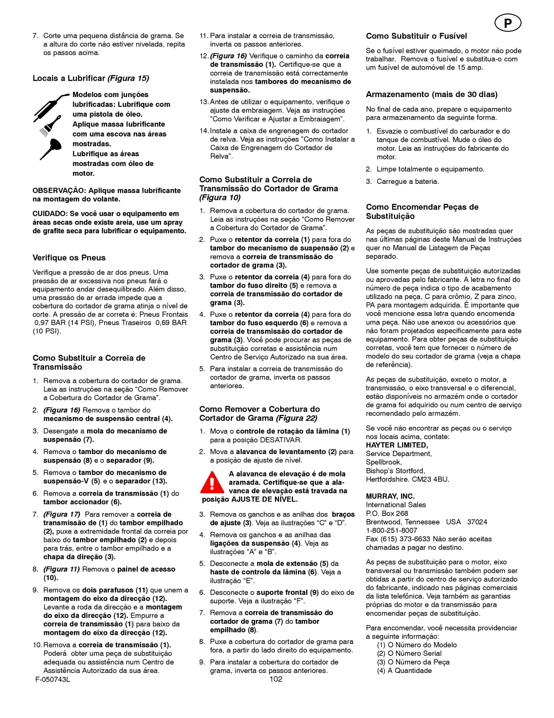 Hayter Mowers 405607x52A Locais a Lubrificar Figura, Como Substituir a Correia de Transmissão, Como Substituir o Fusível 