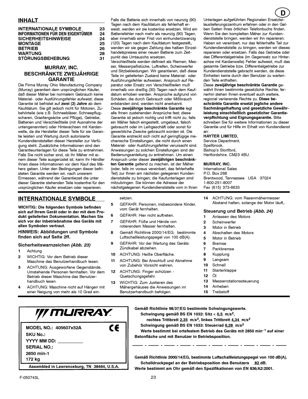 Hayter Mowers 405607x52A manual Inhalt, Internationale Symbole, Steuerung und Betrieb Abb, Achtung 