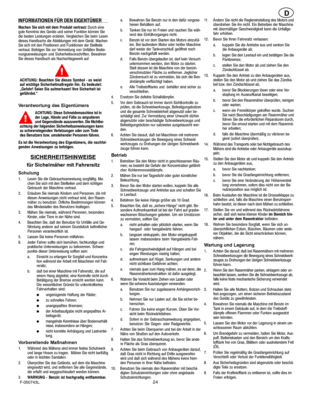 Hayter Mowers 405607x52A manual Sicherheitshinweise, Für Sichelmäher mit Fahrersitz 