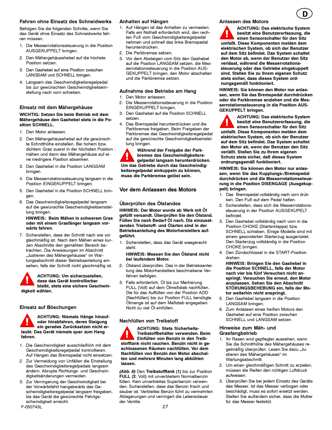 Hayter Mowers 405607x52A manual Vor dem Anlassen des Motors 