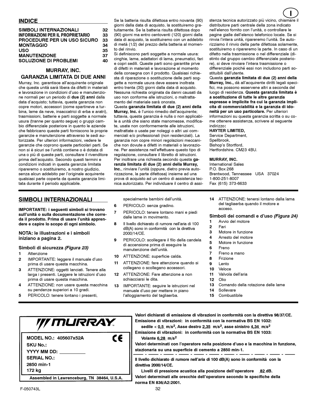 Hayter Mowers 405607x52A manual Indice, Simboli Internazionali, Simboli dei comandi e d’uso Figura 