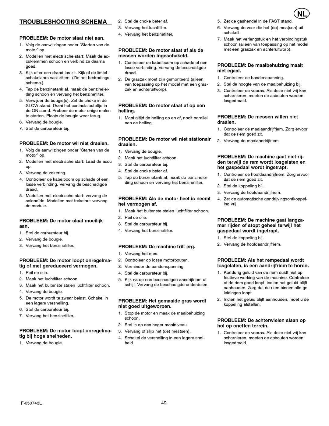 Hayter Mowers 405607x52A manual Probleem De maaibehuizing maait niet egaal, Probleem De messen willen niet draaien 