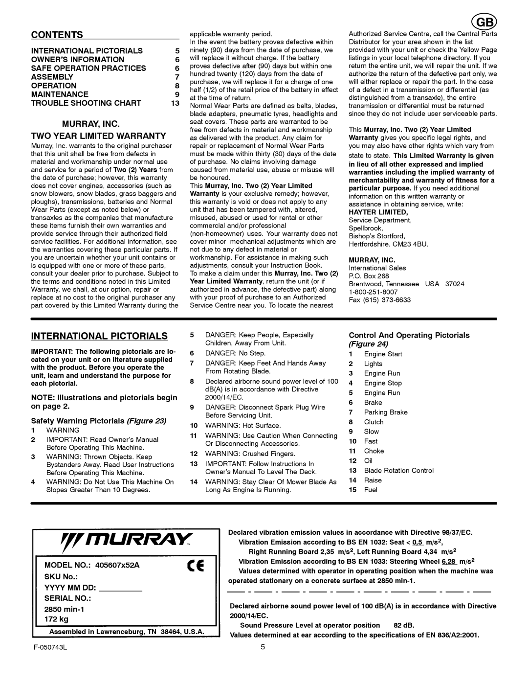 Hayter Mowers 405607x52A manual Contents, International Pictorials 