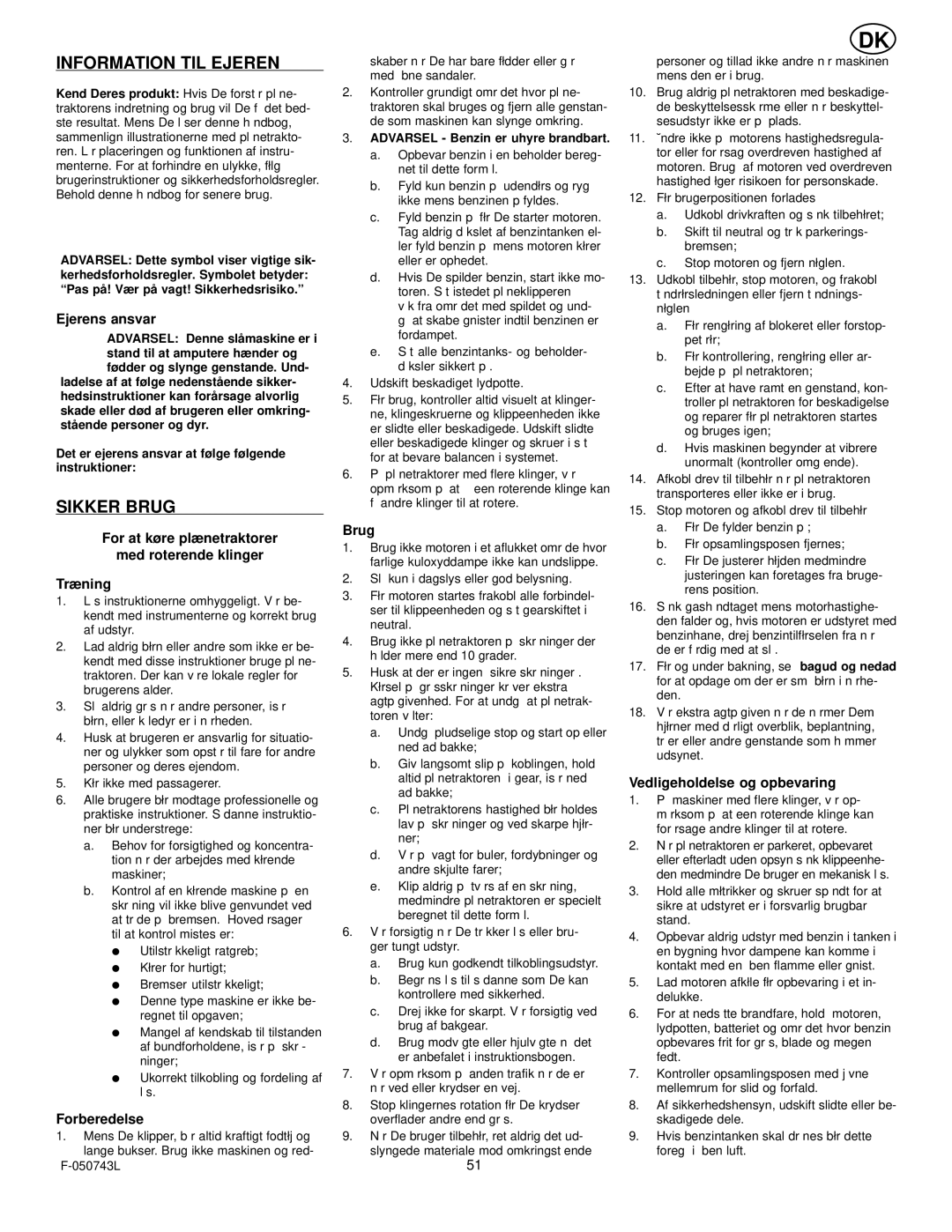 Hayter Mowers 405607x52A manual Information TIL Ejeren, Sikker Brug 