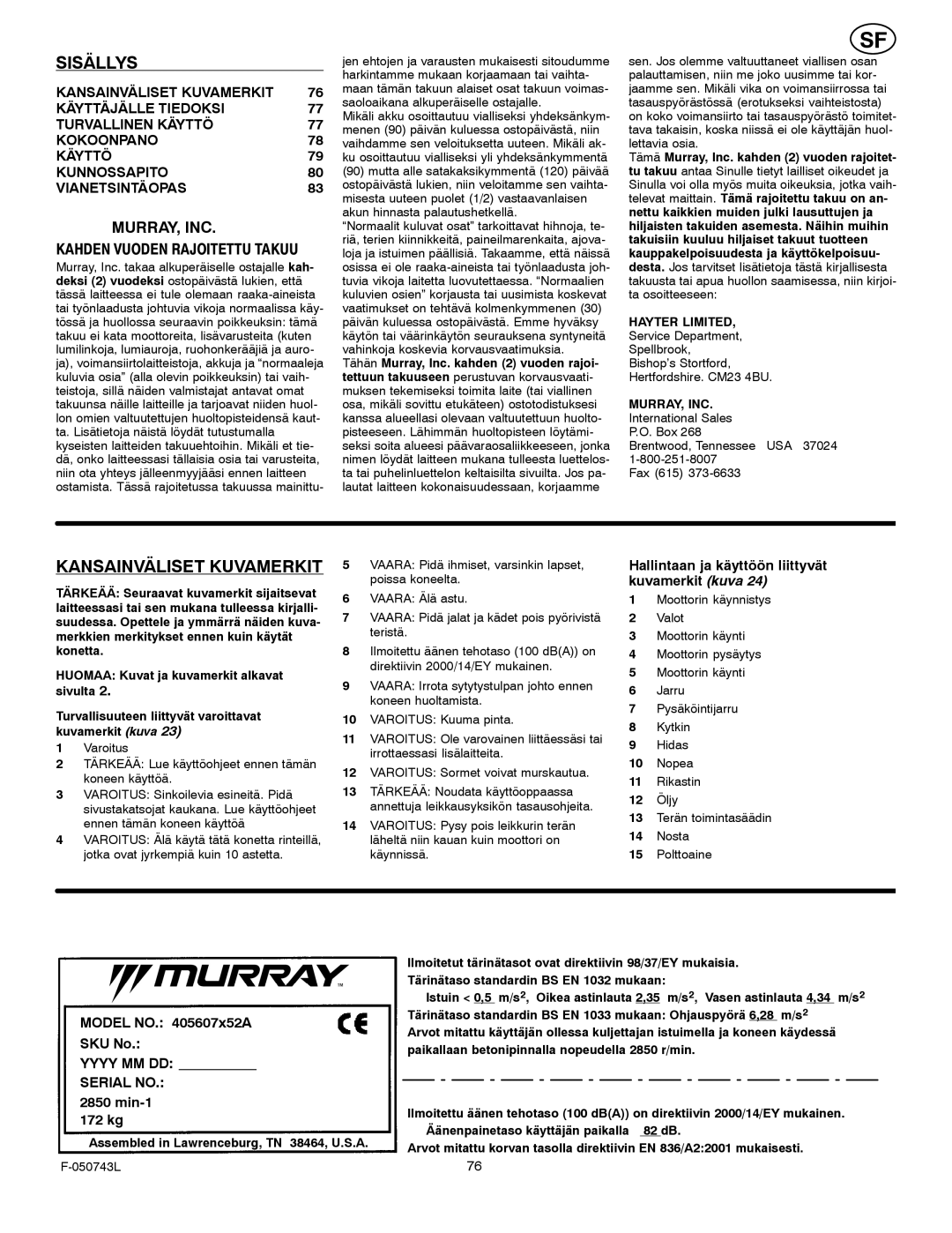 Hayter Mowers 405607x52A manual Sisällys, Kansainväliset Kuvamerkit, Hallintaan ja käyttöön liittyvät kuvamerkit kuva 