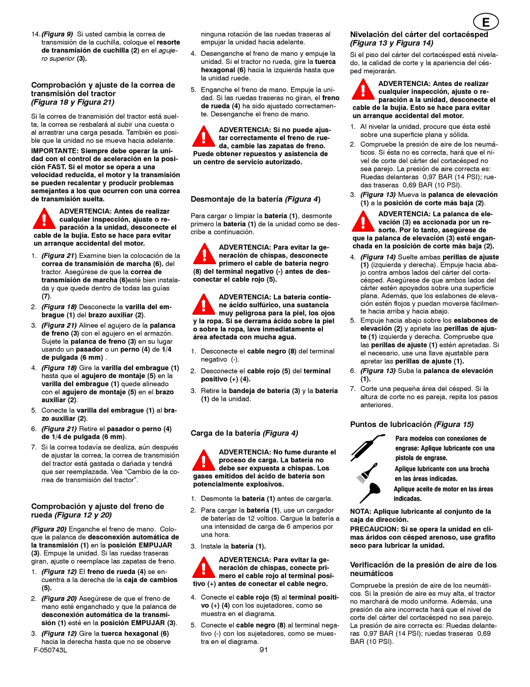 Hayter Mowers 405607x52A manual Desmontaje de la batería Figura, Nivelación del cárter del cortacésped Figura 13 y Figura 