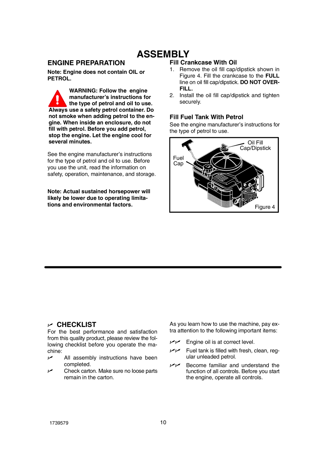 Hayter Mowers 407F manual Engine Preparation, Checklist, Fill Crankcase With Oil, Fill Fuel Tank With Petrol 