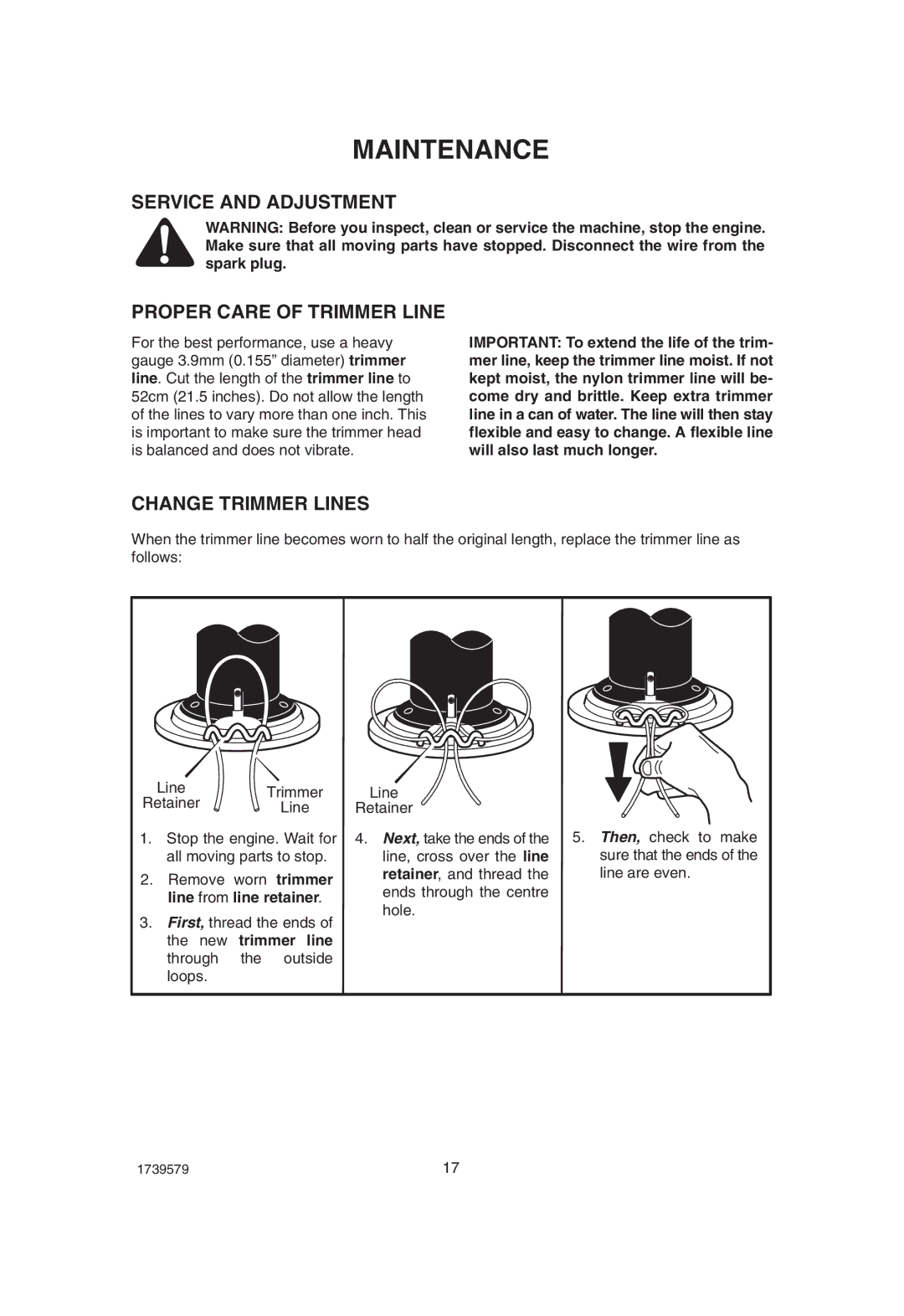 Hayter Mowers 407F manual Service and Adjustment Proper Care of Trimmer Line, Change Trimmer Lines 