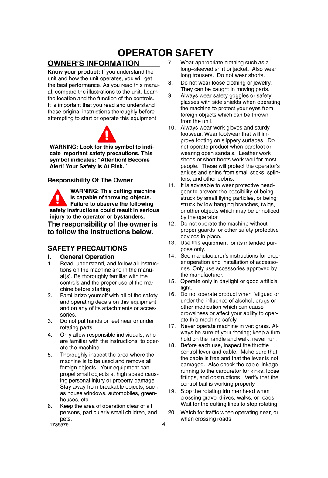 Hayter Mowers 407F manual Operator Safety, Safety Precautions, Responsibility Of The Owner, General Operation 