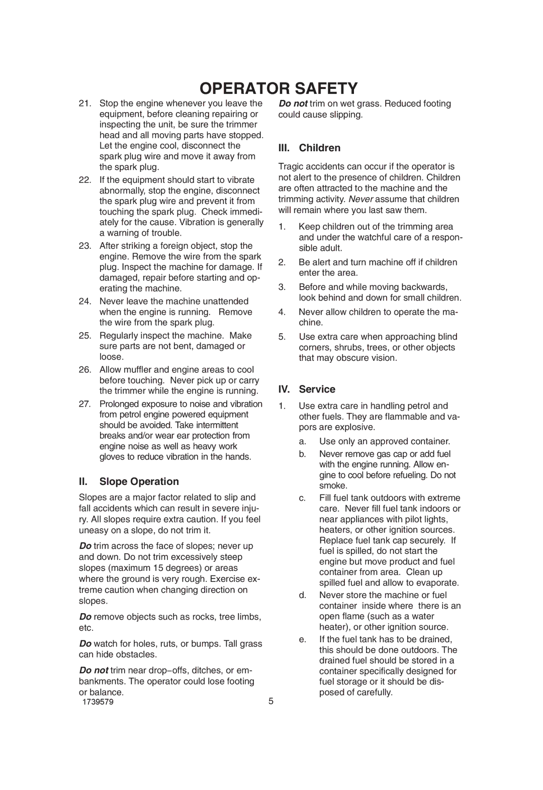 Hayter Mowers 407F manual II. Slope Operation, III. Children, IV. Service 