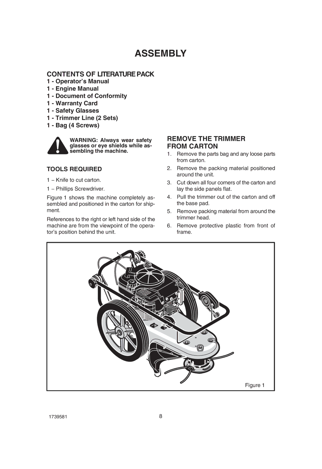 Hayter Mowers 407F manual Assembly, Contents of Literature Pack, Remove the Trimmer From Carton 