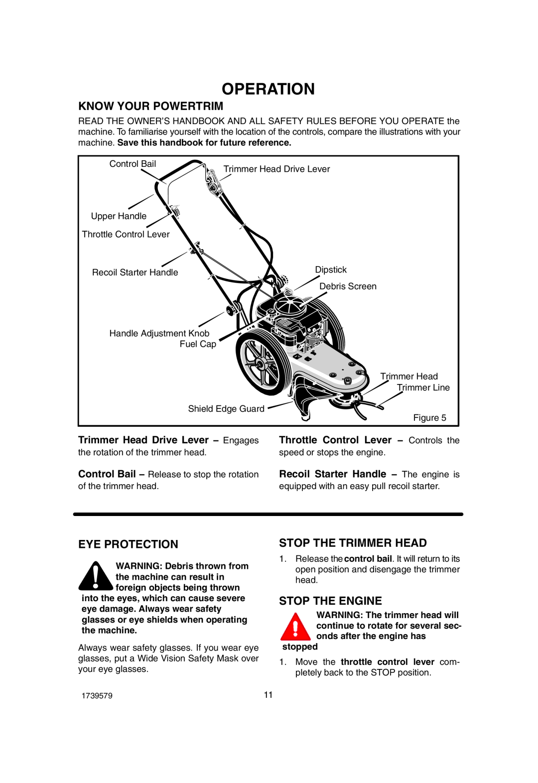 Hayter Mowers 407F manual Operation, Know Your Powertrim, Eye Protection, Stop The Trimmer Head, Stop The Engine 