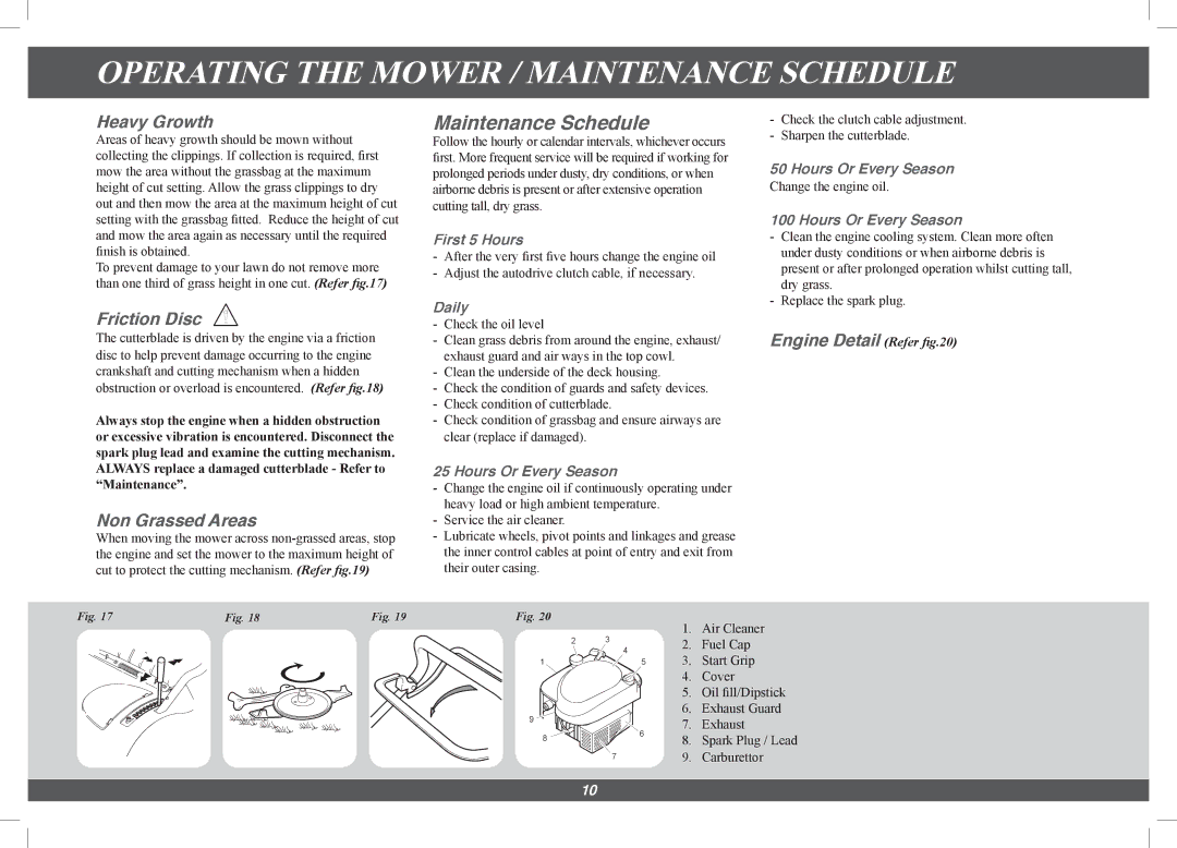 Hayter Mowers 4113G manual Operating the Mower / Maintenance Schedule, Heavy Growth, Friction Disc, Engine Detail Refer 