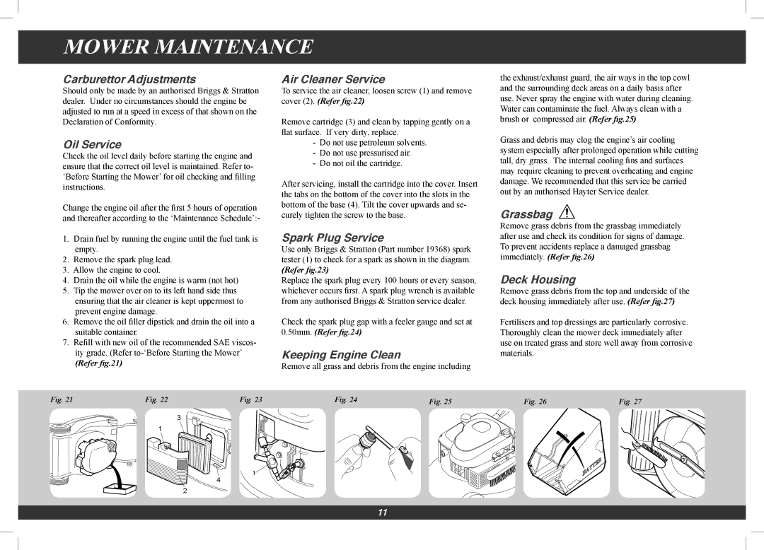 Hayter Mowers 4113G manual Mower Maintenance 