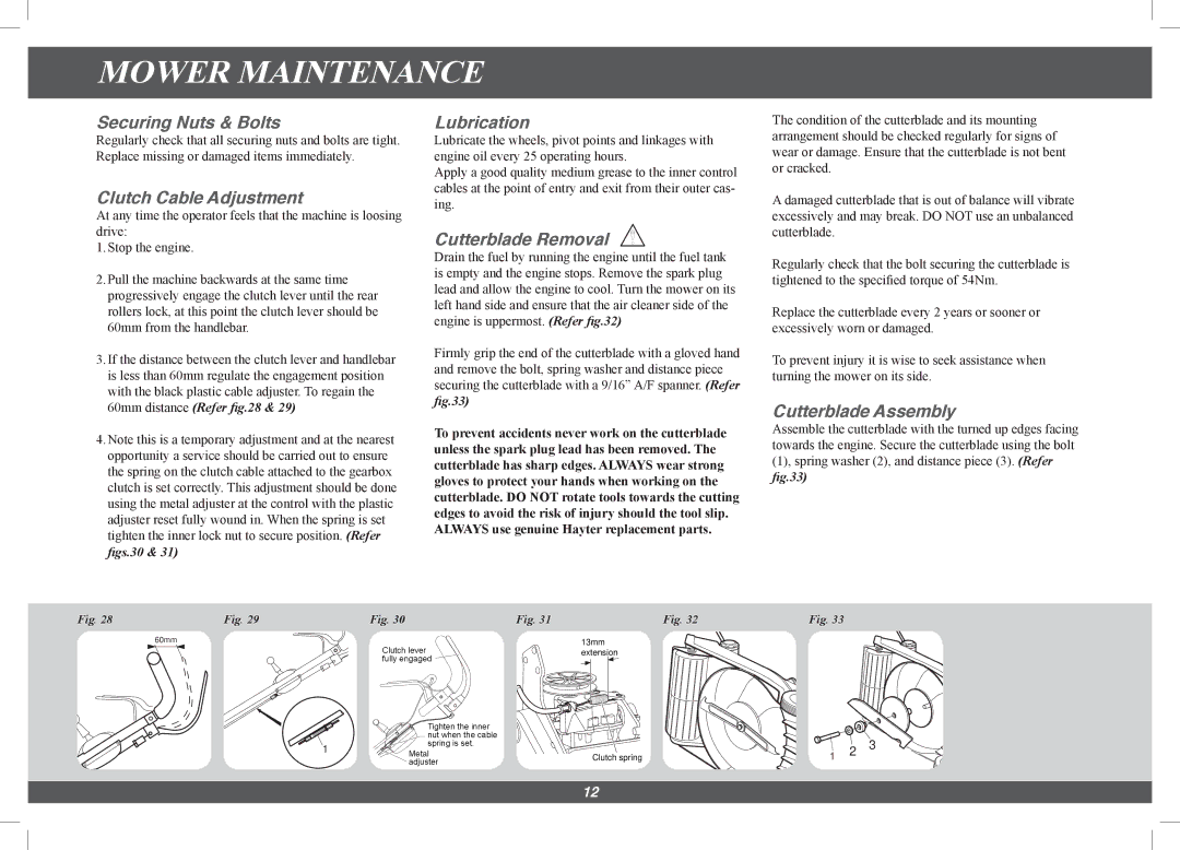 Hayter Mowers 4113G Securing Nuts & Bolts, Clutch Cable Adjustment, Lubrication, Cutterblade Removal, Cutterblade Assembly 