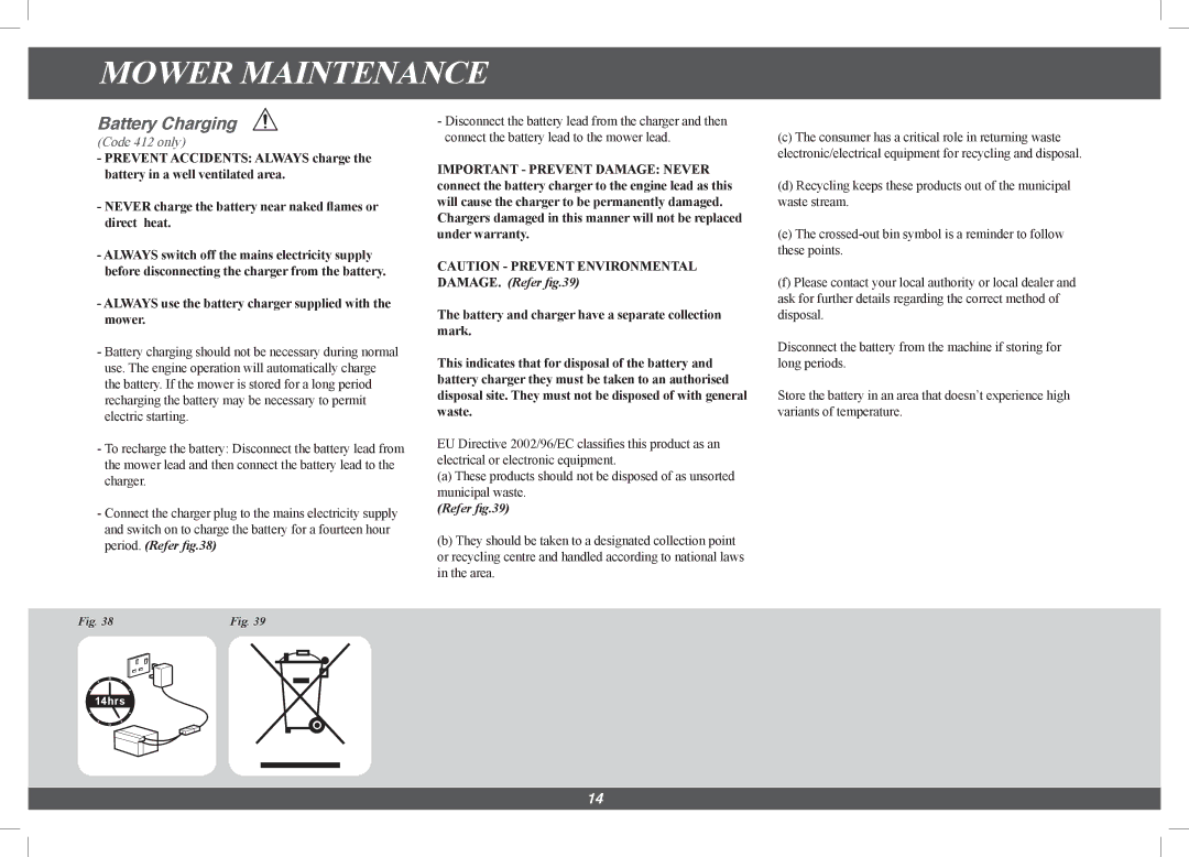 Hayter Mowers 4113G manual Battery Charging 