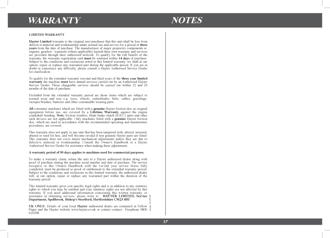 Hayter Mowers 4113G manual Warrantynotes, Limited Warranty 