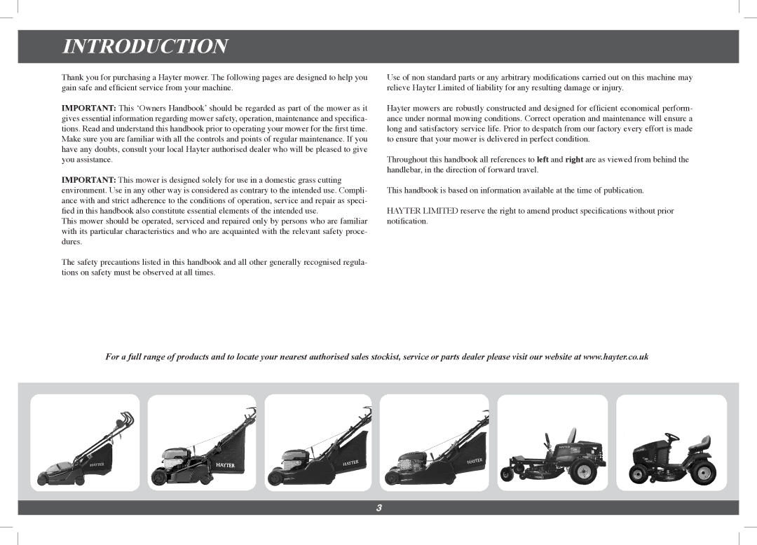 Hayter Mowers 4113G manual Introduction 