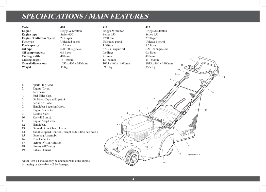 Hayter Mowers 4113G manual Specifications / Main Features, Weight 