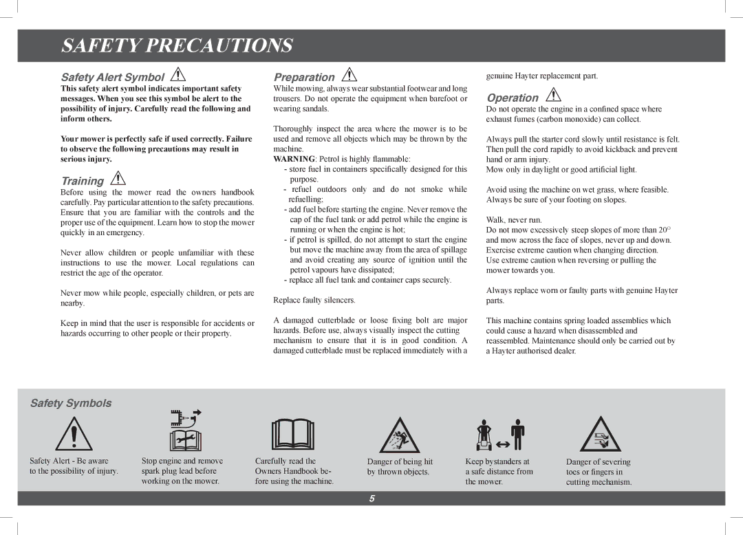 Hayter Mowers 4113G manual Safety Precautions 