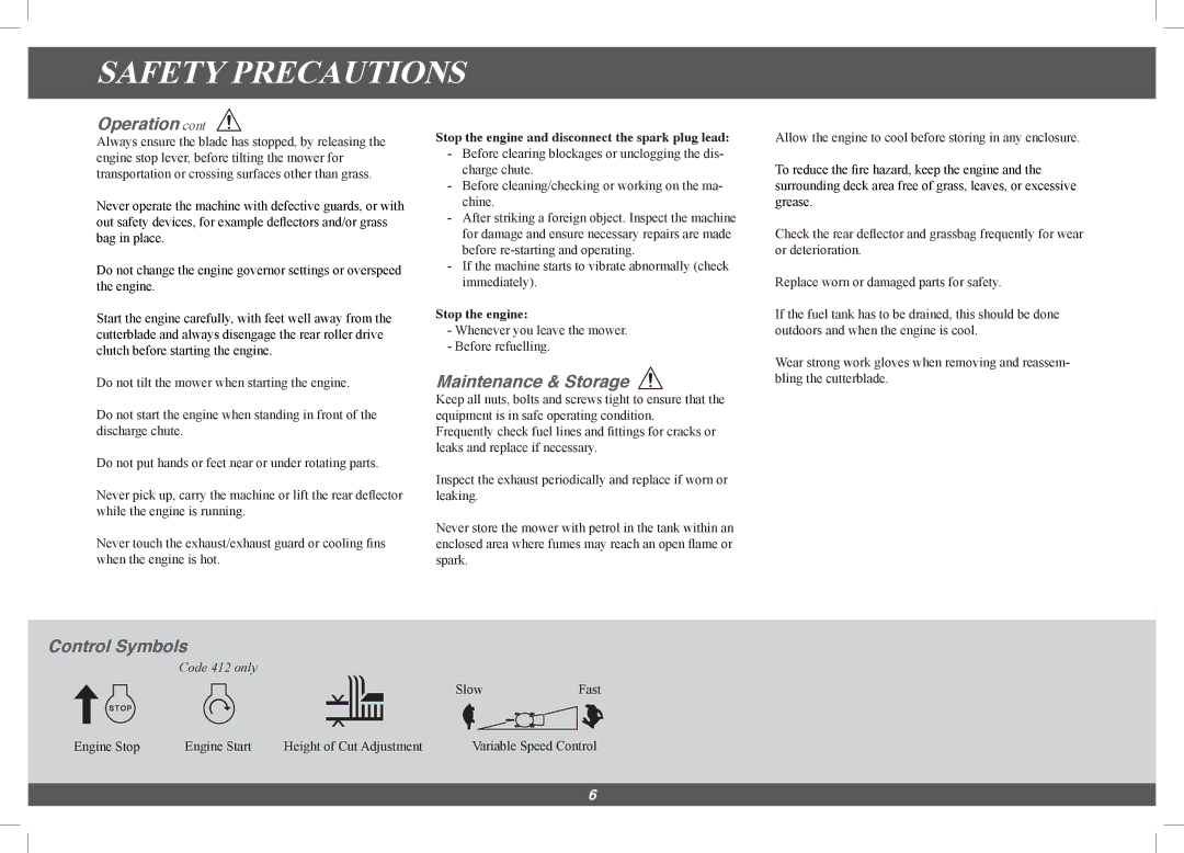 Hayter Mowers 4113G manual Maintenance & Storage, Control Symbols 