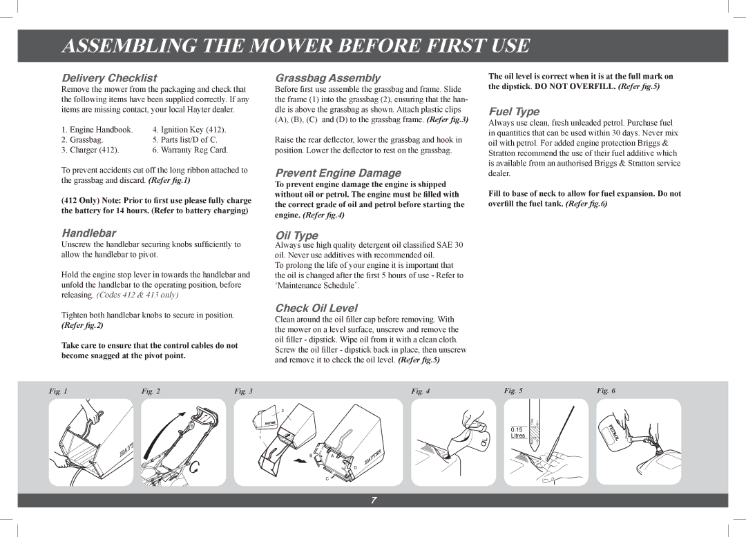 Hayter Mowers 4113G manual Assembling the Mower Before First USE 