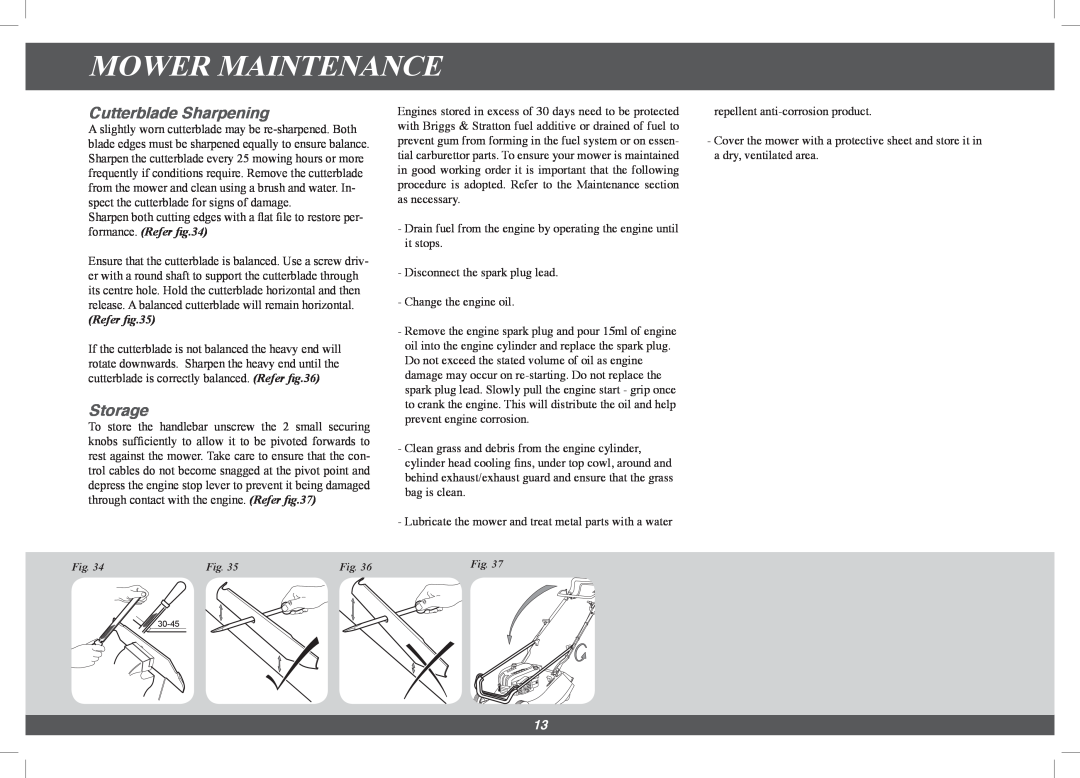 Hayter Mowers 4113G manual Cutterblade Sharpening, Storage, Refer, Mower Maintenance 