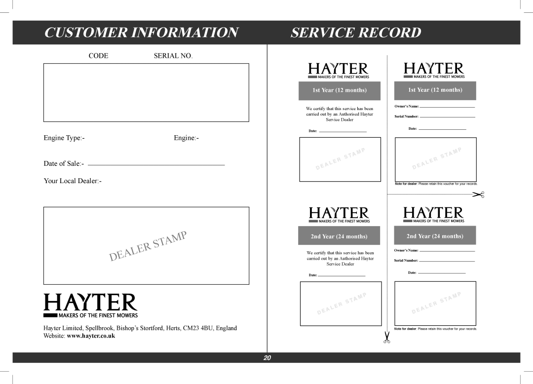 Hayter Mowers 4113G Customer Information, Service Record, 1st Year 12 months, 2nd Year 24 months, Code, Serial No, Engine 