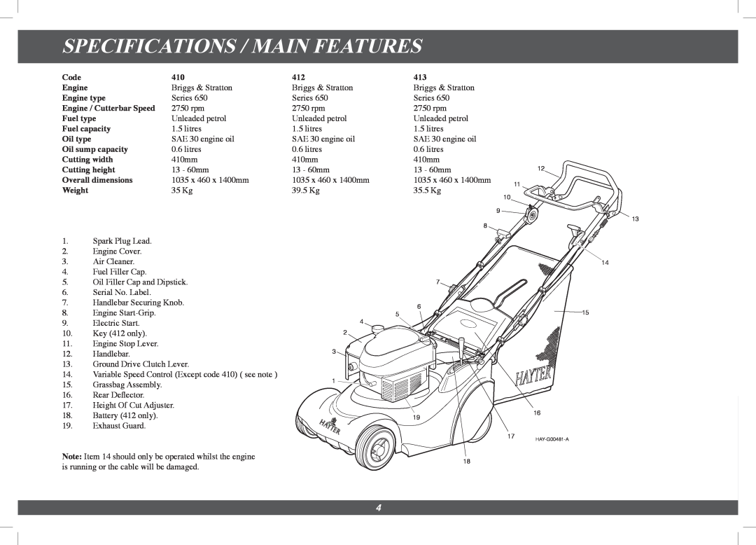 Hayter Mowers 4113G manual Specifications / Main Features 