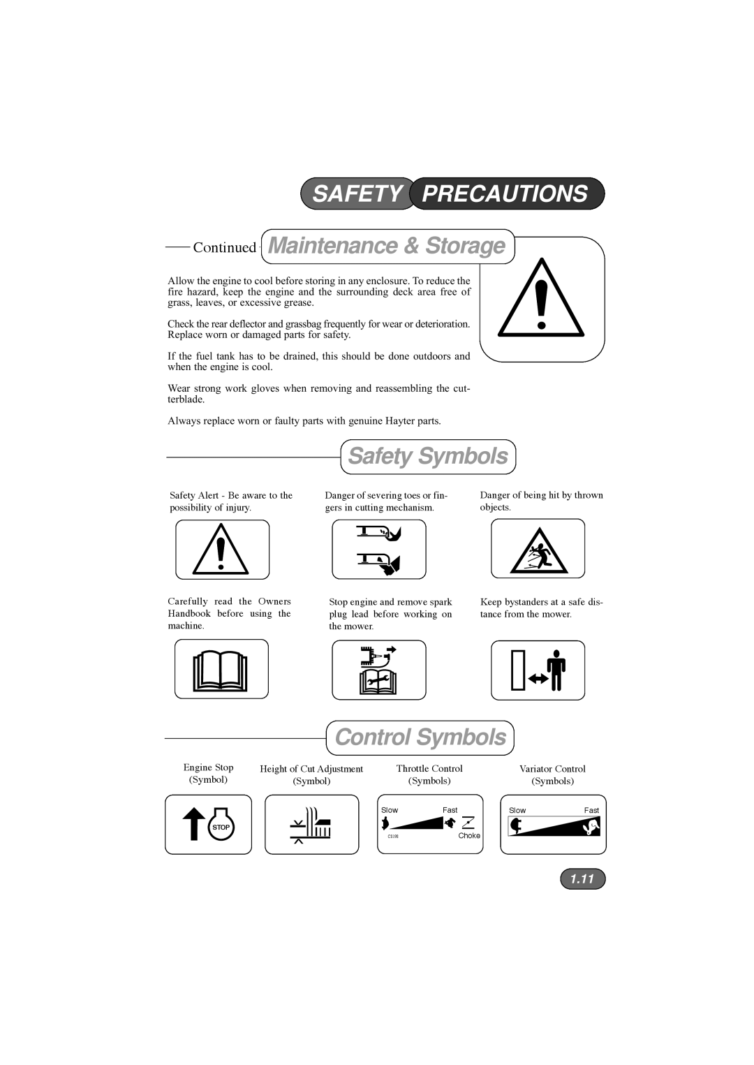 Hayter Mowers 410E, 412E, 413E manual Safety Symbols, Control Symbols 