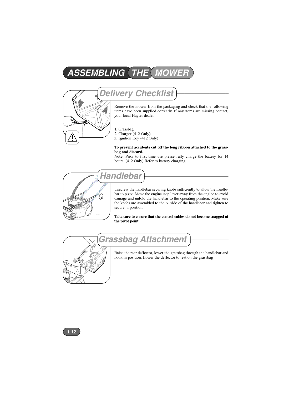 Hayter Mowers 412E, 413E, 410E manual Assembling the Mower, Delivery Checklist, Handlebar, Grassbag Attachment 