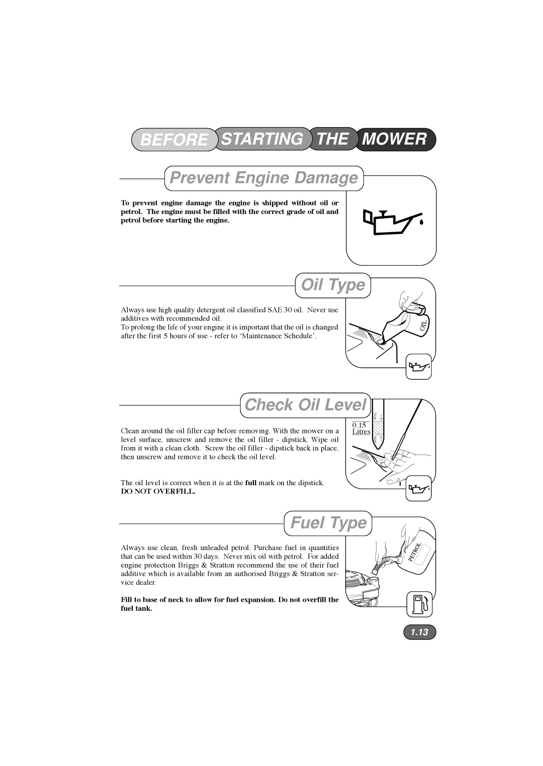 Hayter Mowers 413E, 412E, 410E manual Before Starting the Mower, Prevent Engine Damage, Oil Type, Check Oil Level, Fuel Type 