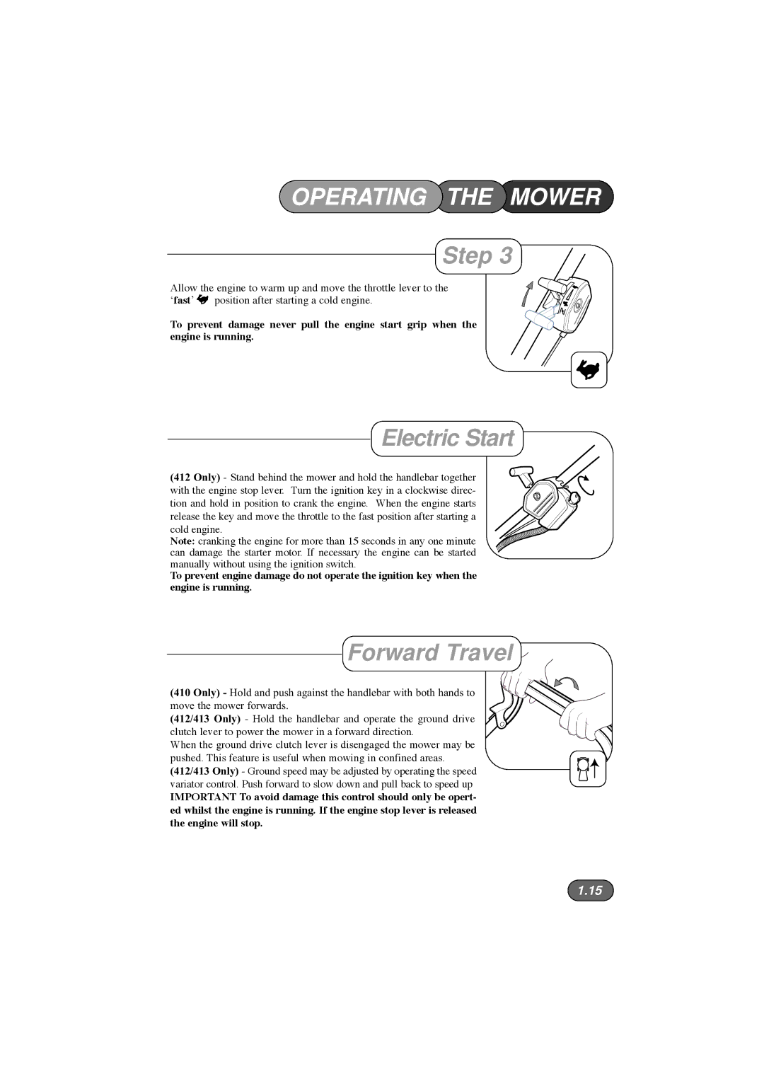 Hayter Mowers 412E, 413E, 410E manual Electric Start, Forward Travel 
