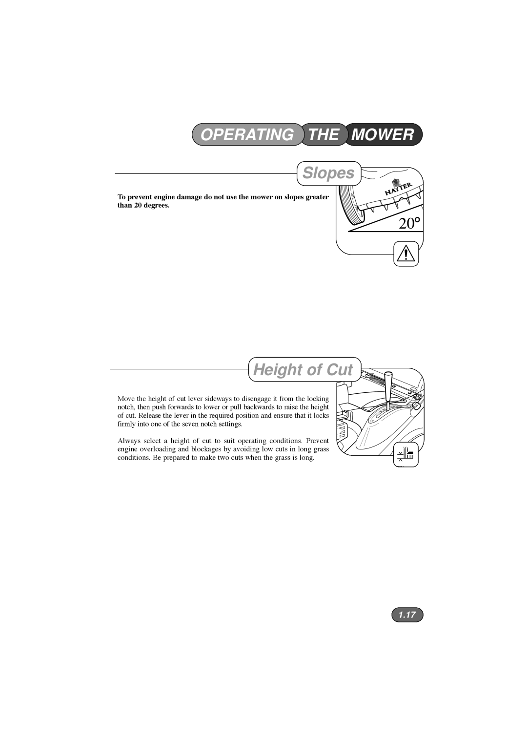 Hayter Mowers 410E, 412E, 413E manual Slopes, Height of Cut 
