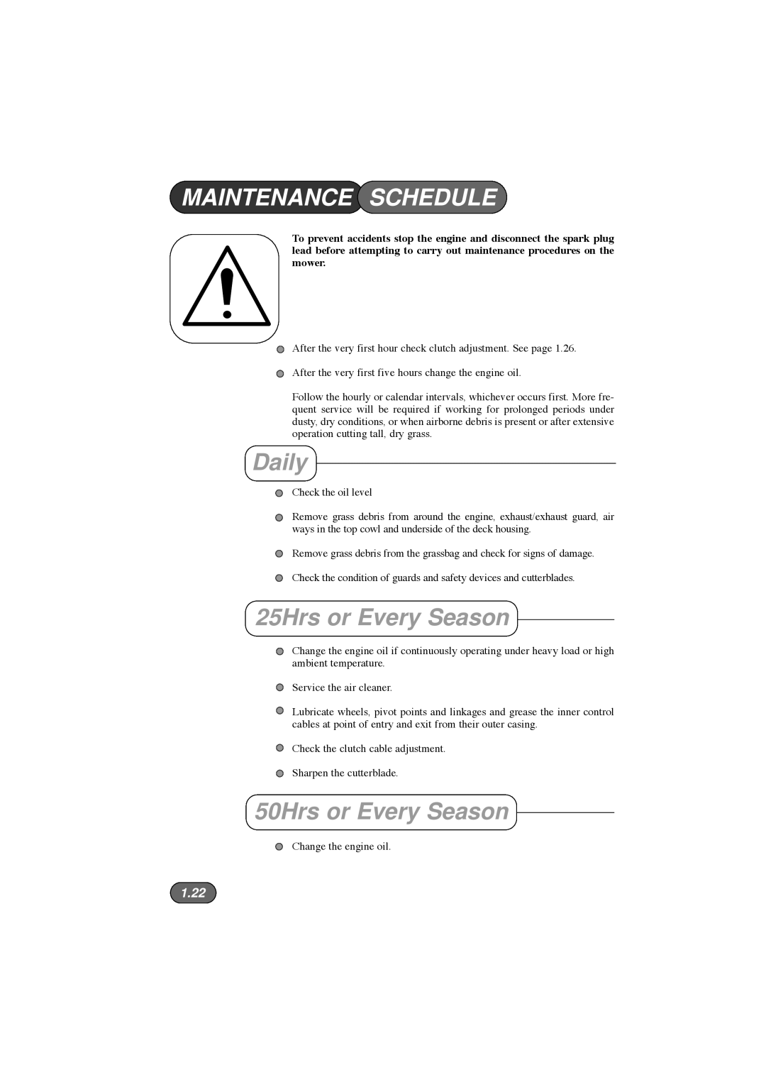 Hayter Mowers 413E, 412E, 410E manual Maintenance Schedule, Daily, 25Hrs or Every Season, 50Hrs or Every Season 