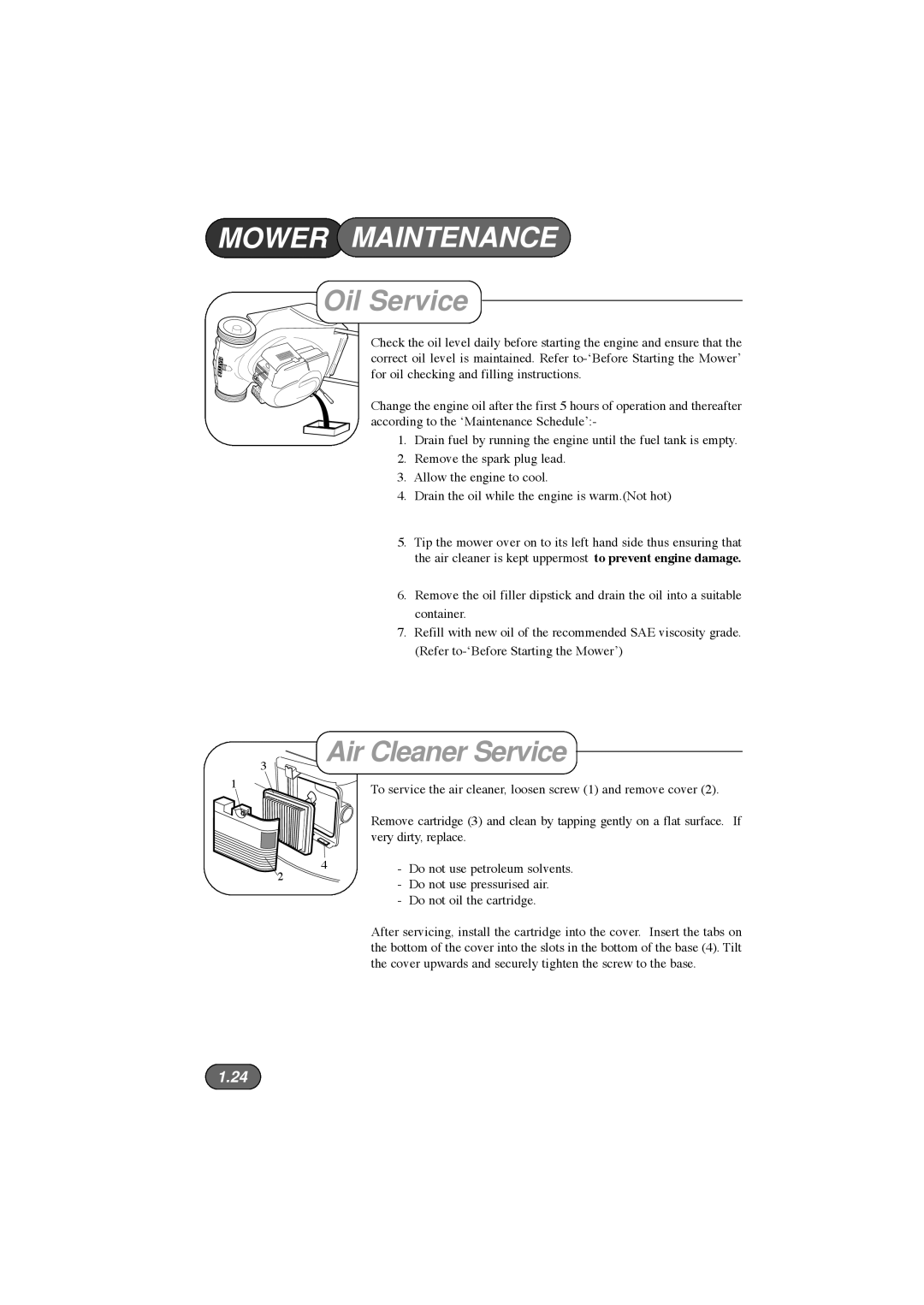 Hayter Mowers 412E, 413E, 410E manual Oil Service, Air Cleaner Service 