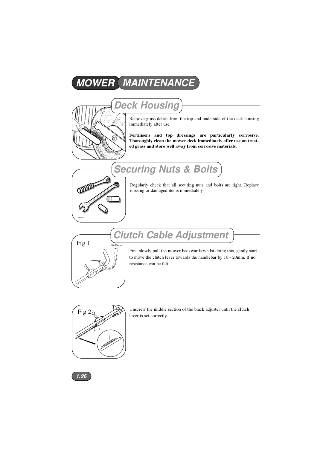 Hayter Mowers 410E, 412E, 413E manual Deck Housing, Securing Nuts & Bolts, Clutch Cable Adjustment 