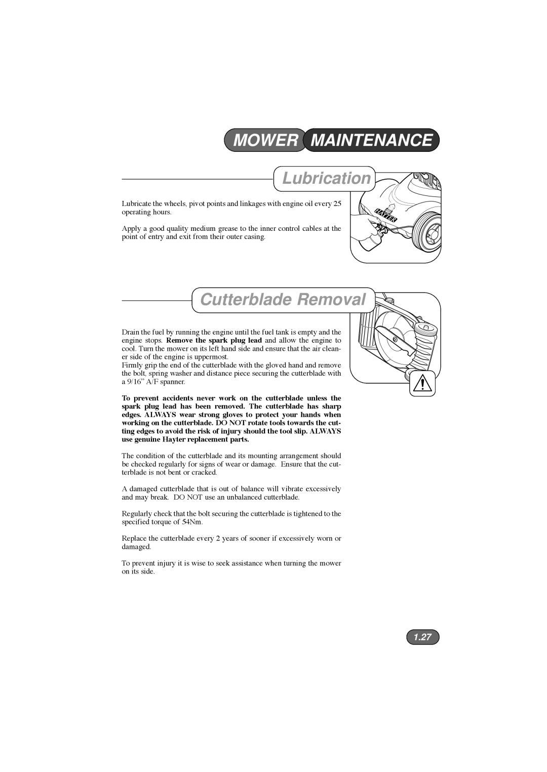 Hayter Mowers 412E, 413E, 410E manual Lubrication, Cutterblade Removal 