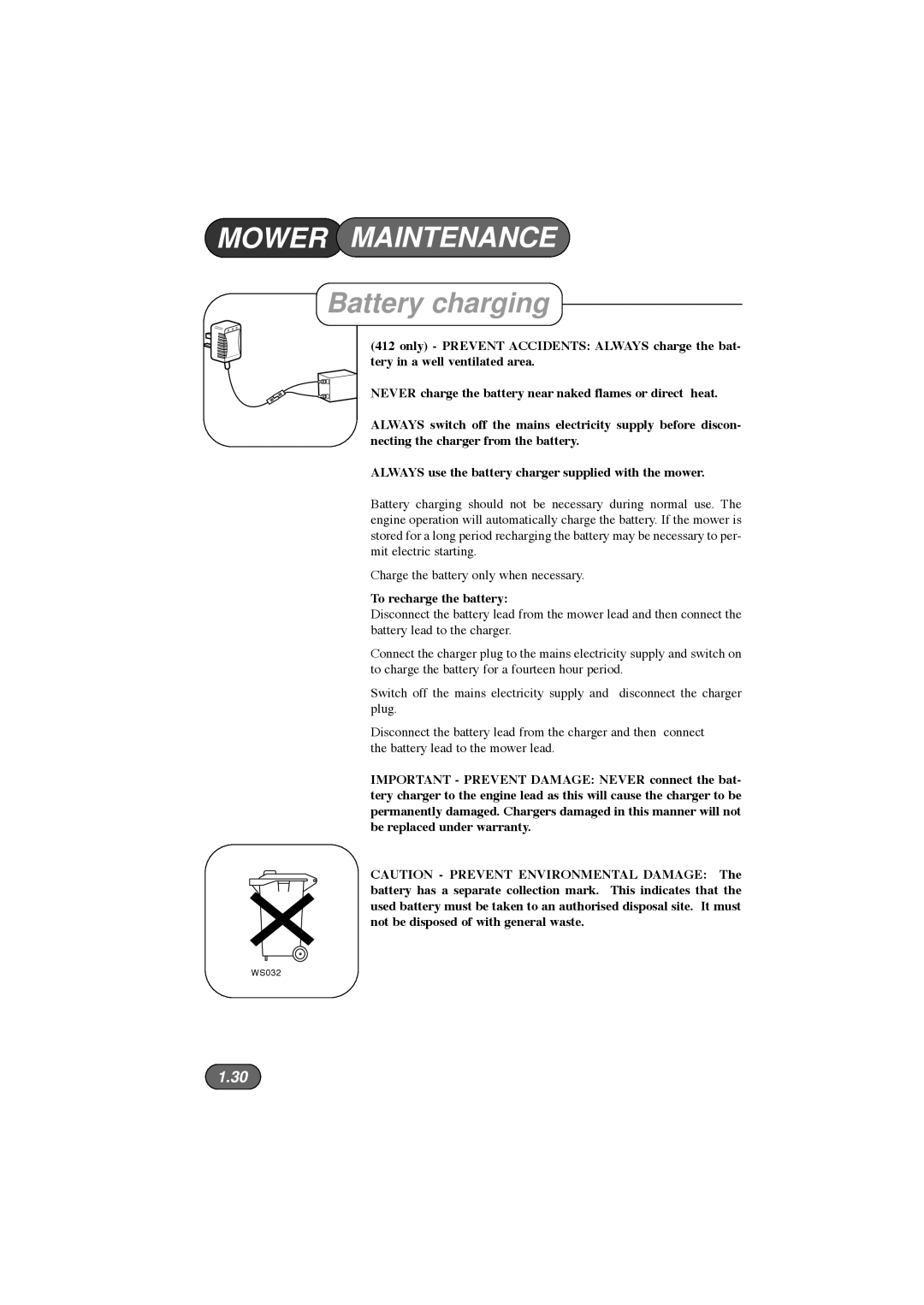 Hayter Mowers 412E, 413E, 410E manual Battery charging, To recharge the battery 