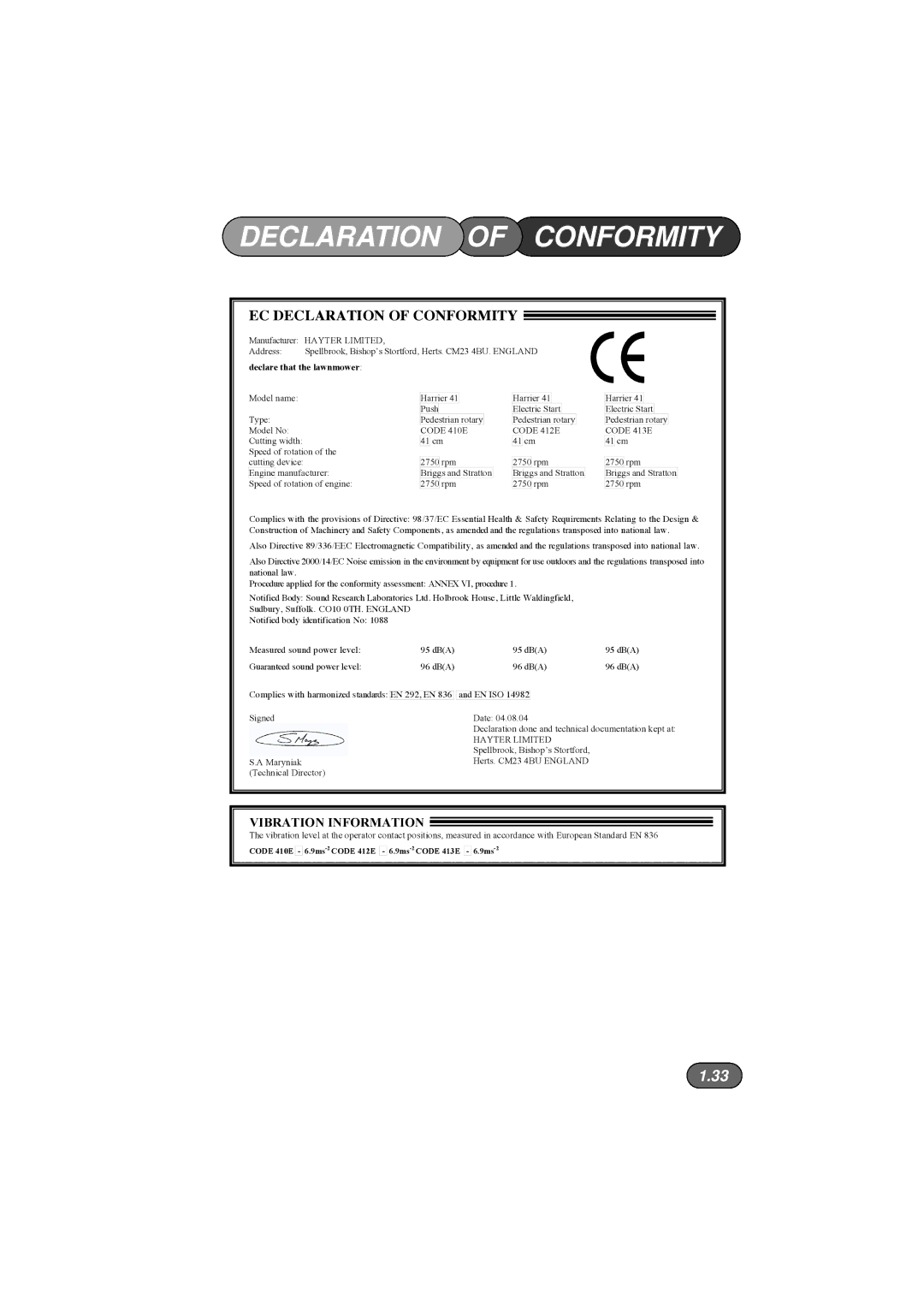 Hayter Mowers 412E, 413E, 410E manual EC Declaration of Conformity 