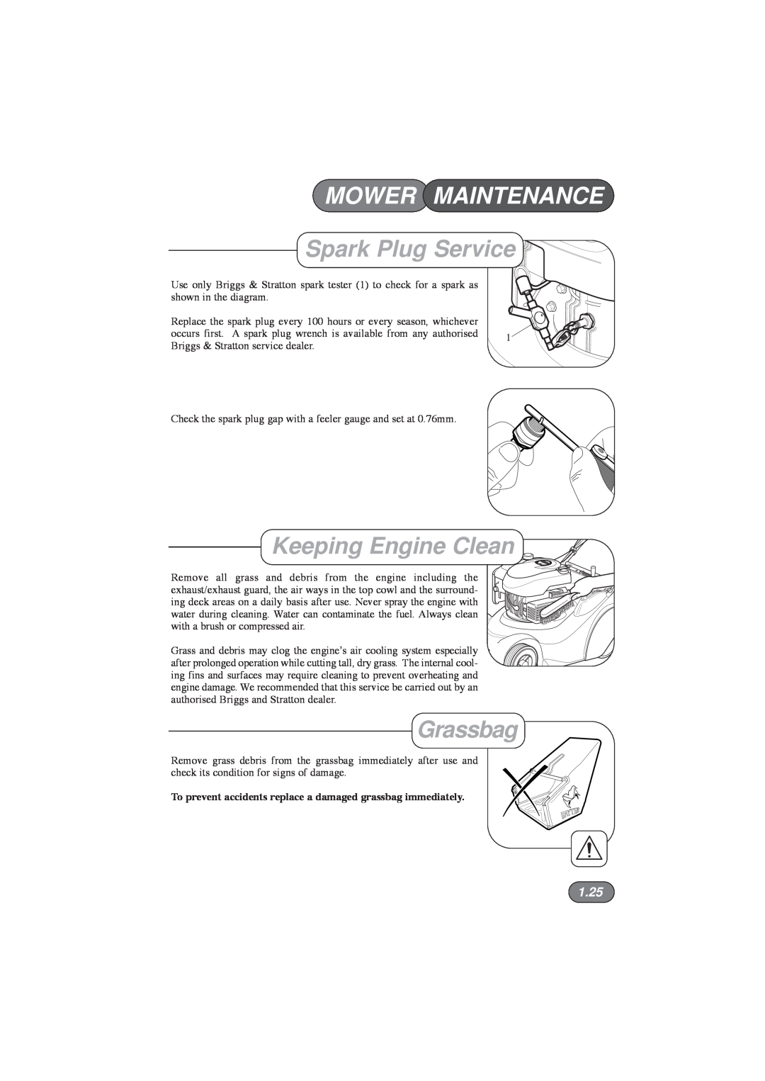 Hayter Mowers 413E, 412E, 410E manual Spark Plug Service, Keeping Engine Clean, 1.25, Mower Maintenance, Grassbag 