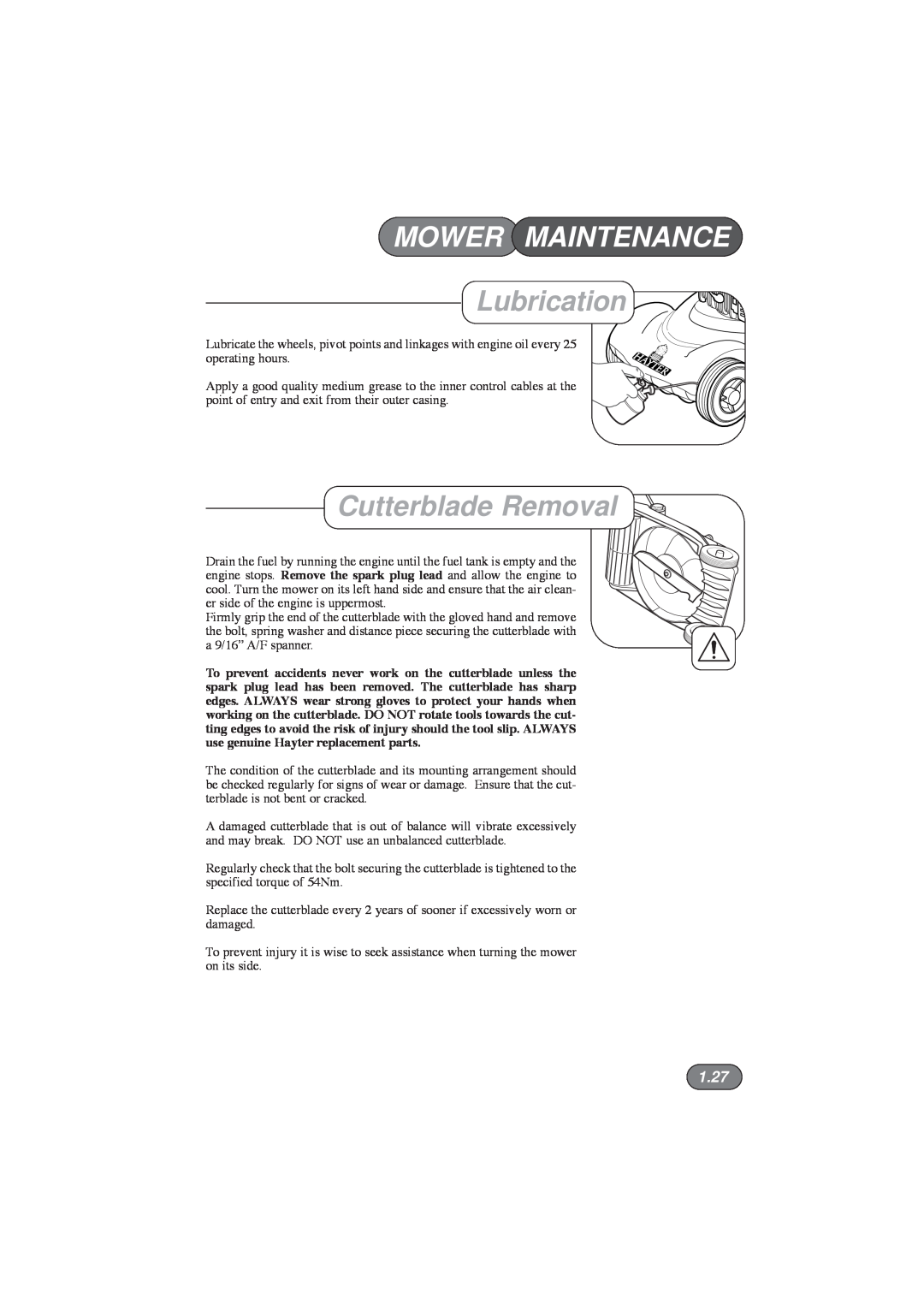 Hayter Mowers 412E, 413E, 410E manual Lubrication, Cutterblade Removal, 1.27, Mower Maintenance 